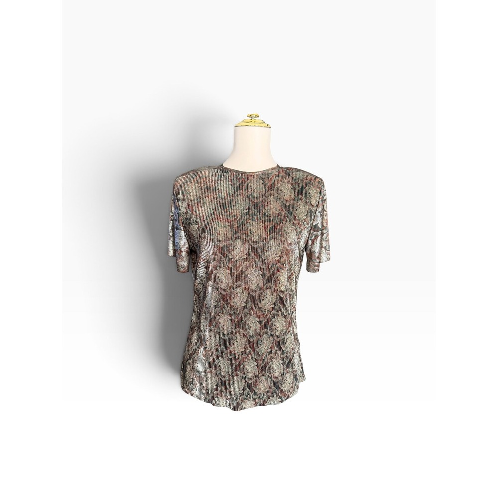 Vintage 90s Notations Petite 6 Metallic Floral Plisse Party Blouse Top USA